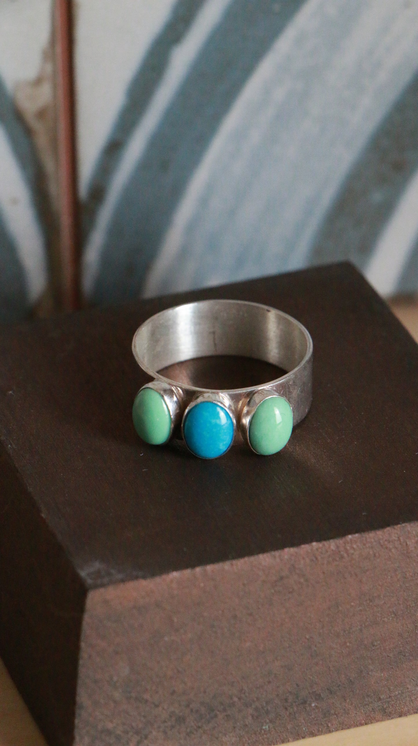 Vintage Sterling Silver Ring with Turquoise and Green Cabochons
