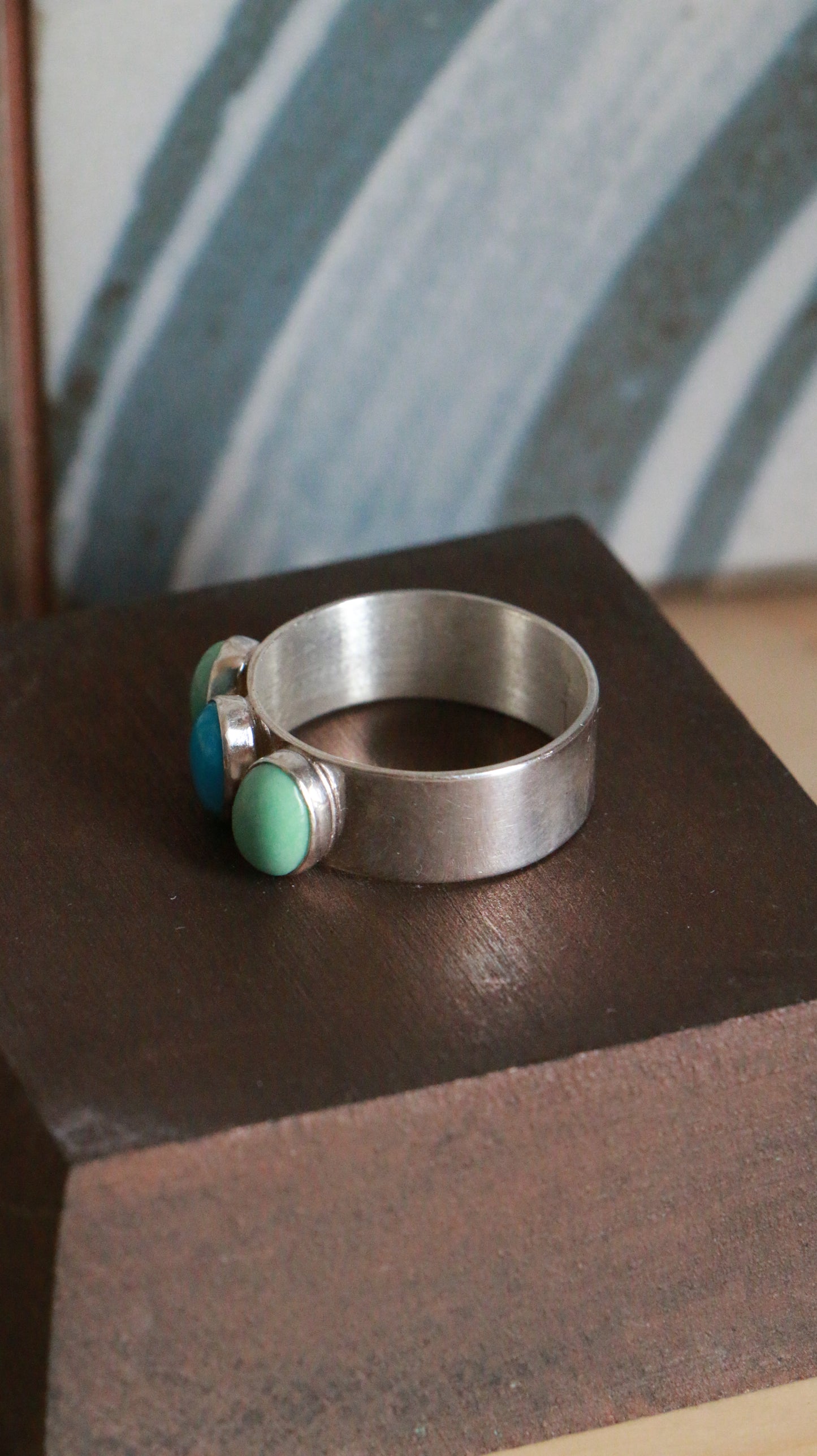 Vintage Sterling Silver Ring with Turquoise and Green Cabochons