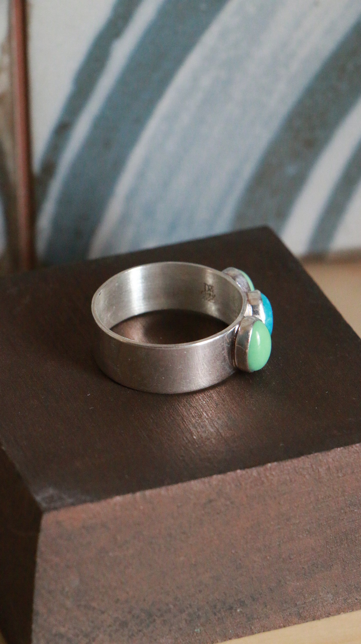 Vintage Sterling Silver Ring with Turquoise and Green Cabochons
