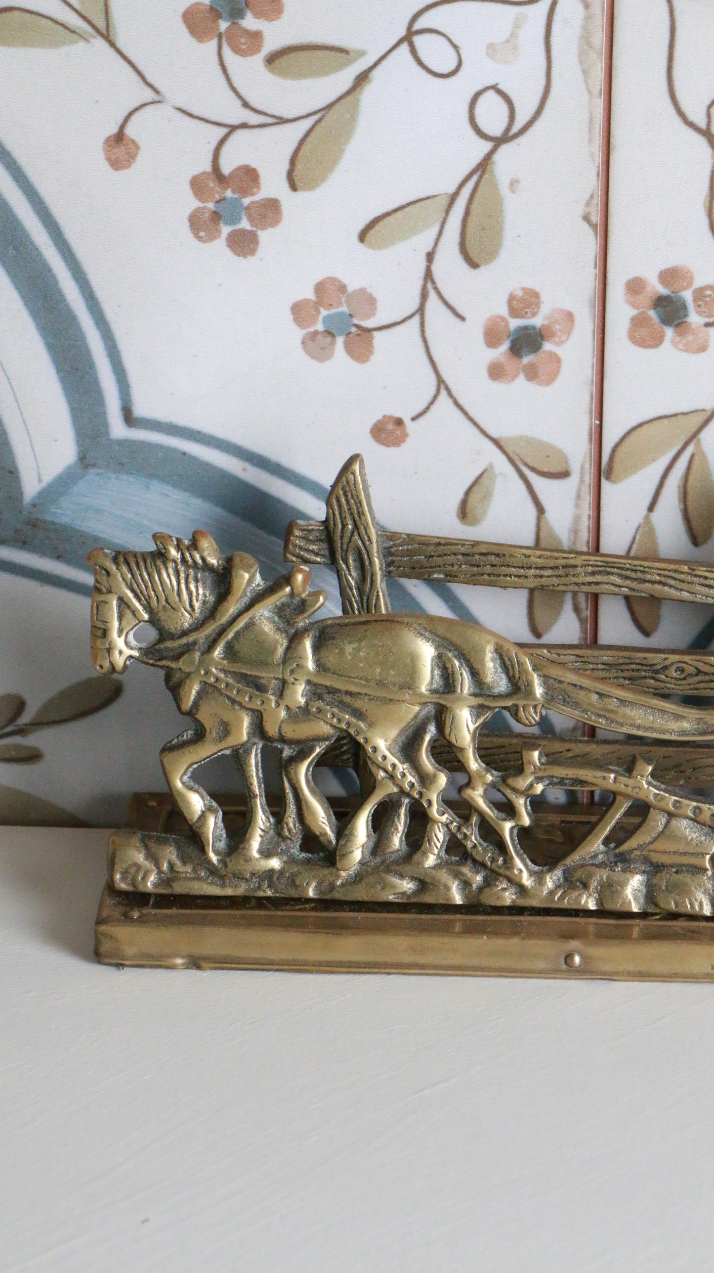Vintage Brass Farmer and Horse Plough Sculpture Letter Holder