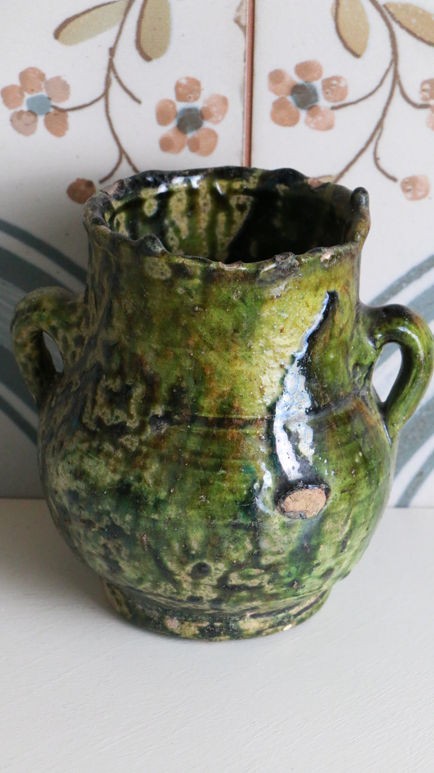 MARRAKESH EDIT - Antique Tamegroute Green Pot with Twin Handles