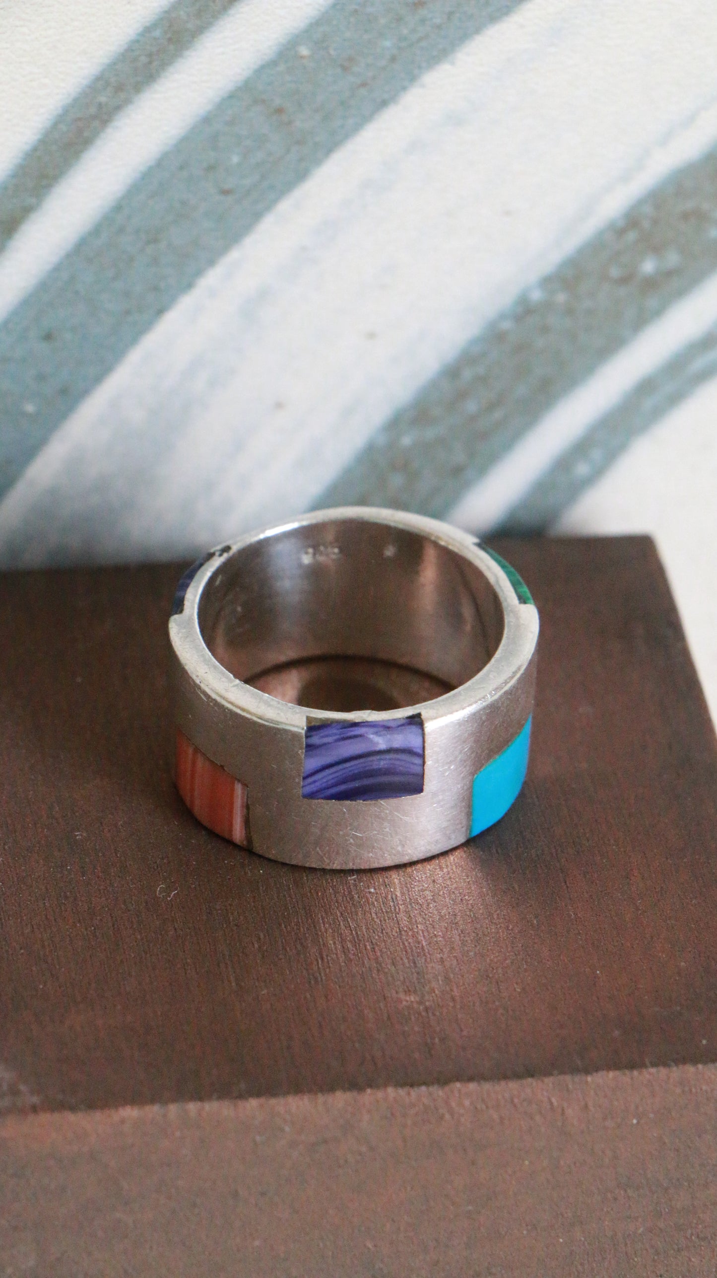 MARRAKESH EDIT - Vintage Inlay Sterling Silver Band with Multicolour Gemstone Mosaic