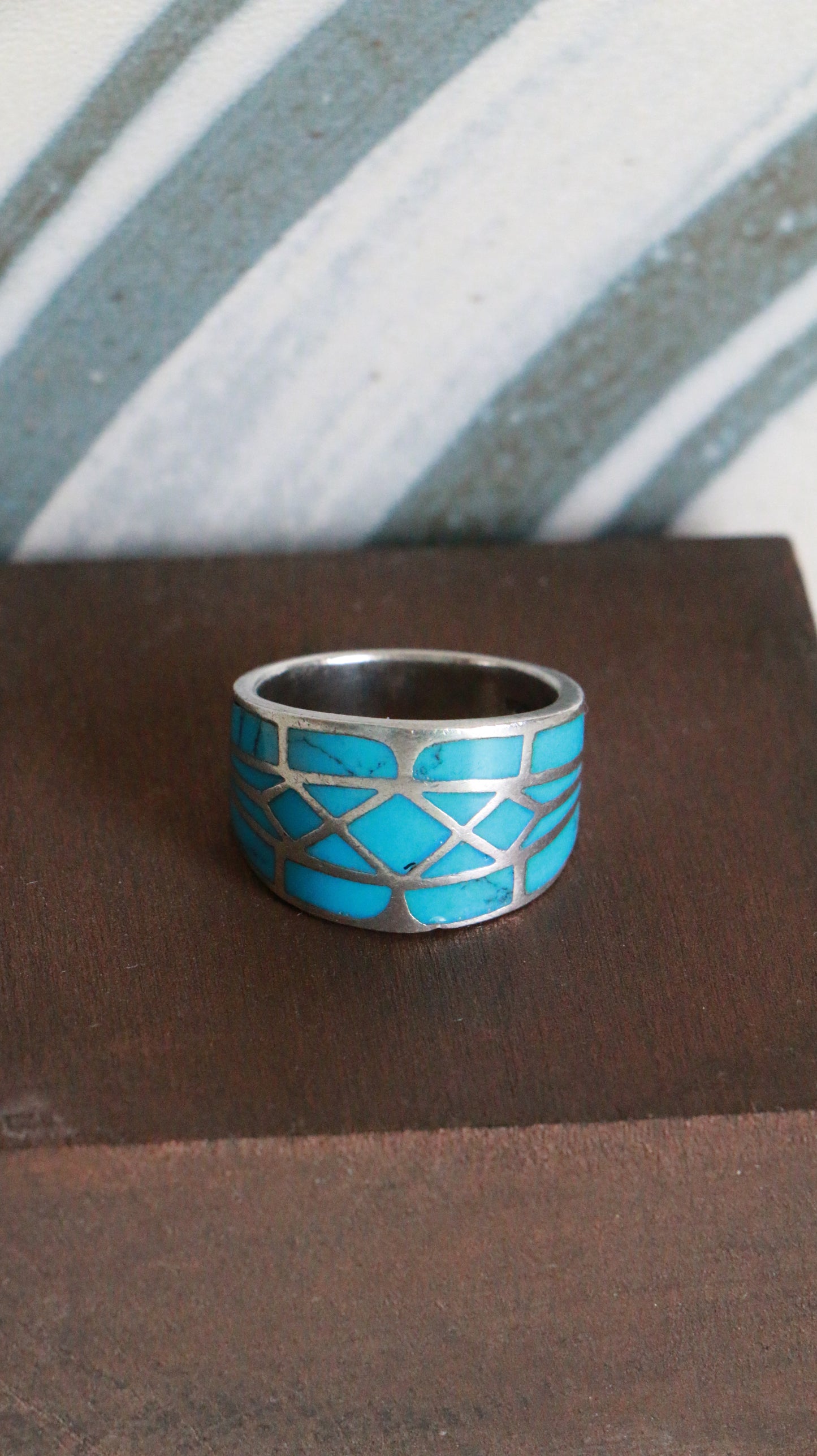 MARRAKESH EDIT - Vintage Sterling Silver Ring with Mosaic Turquoise Inlay