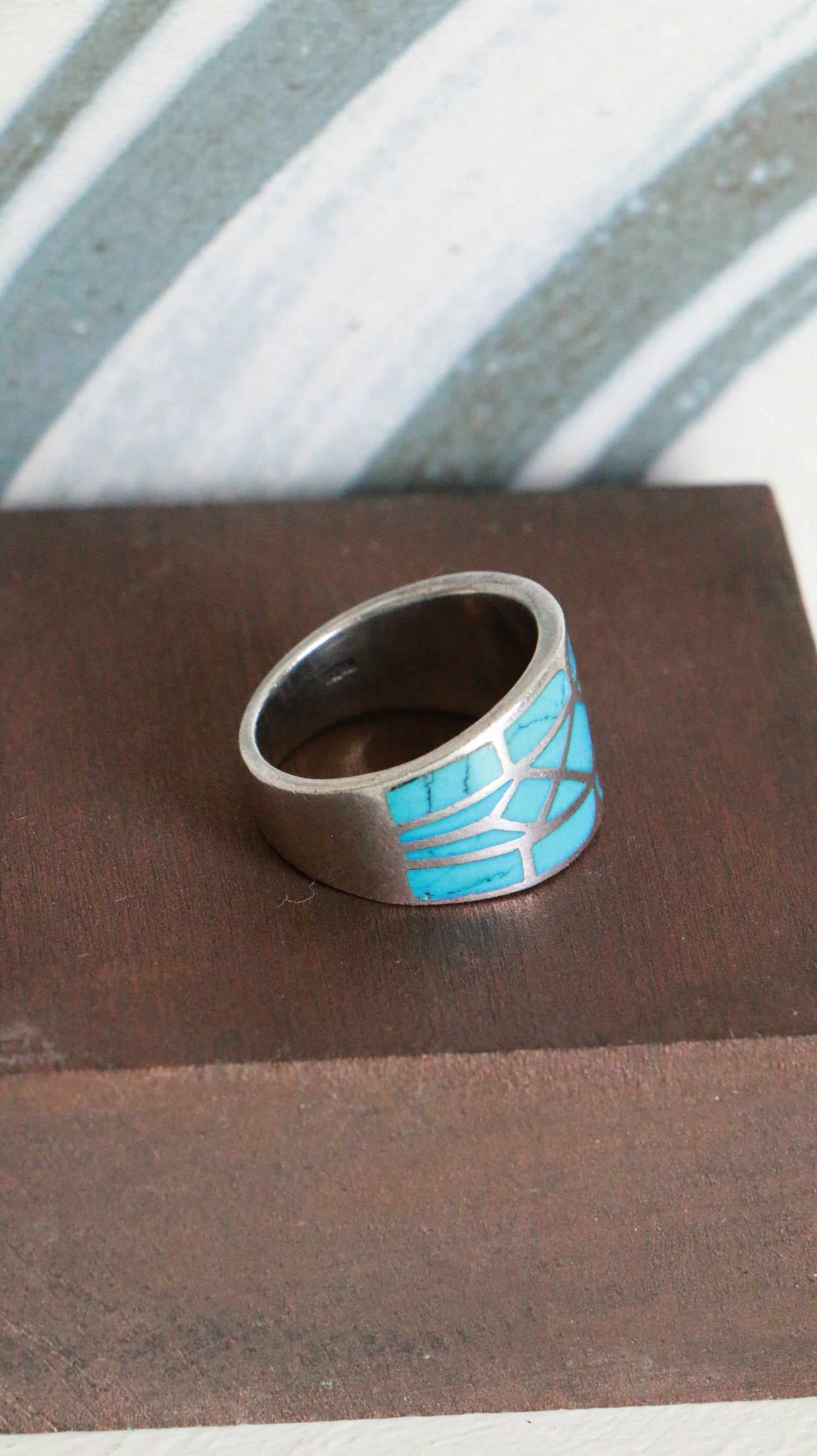 MARRAKESH EDIT - Vintage Sterling Silver Ring with Mosaic Turquoise Inlay