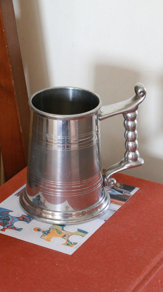 Vintage Pewter Tankard with Bobbin Handle and Swirl Finial