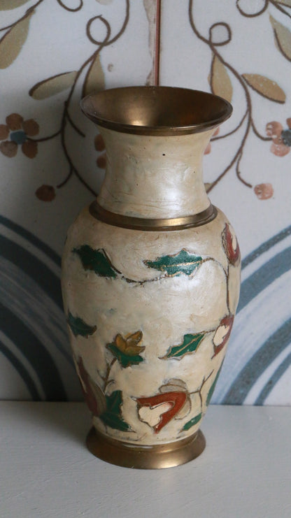 Vintage Brass Vase with Enamel Floral Design