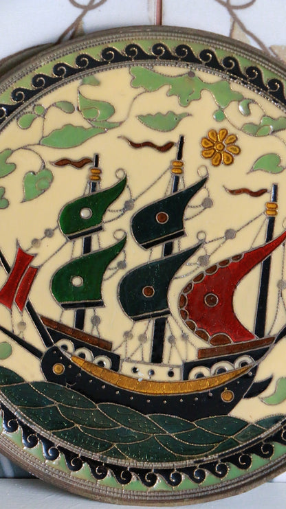 Vintage Cloisonné Wall Plate Ship Motif