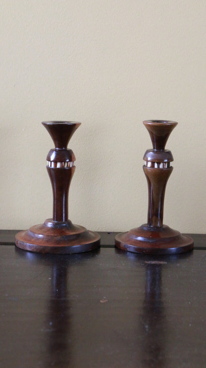 RARE Handcrafted Wooden & Porcupine Quill Inlay Candleholders – Pair