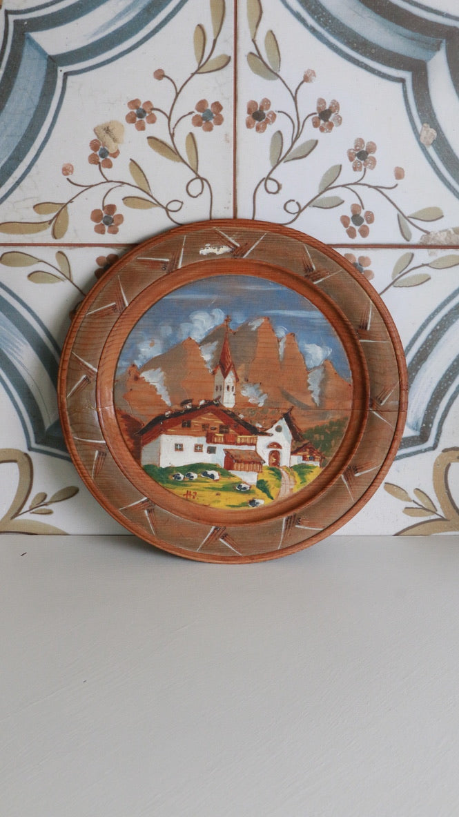Vintage Hand-Painted Vintage Wooden Wall Plate – Alpine Scene