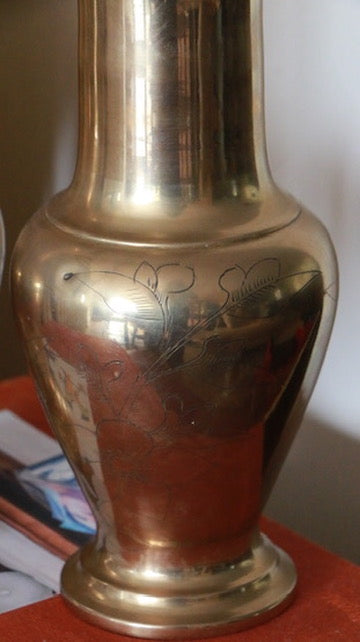 Pair of Vintage Brass Vases with Floral Etching