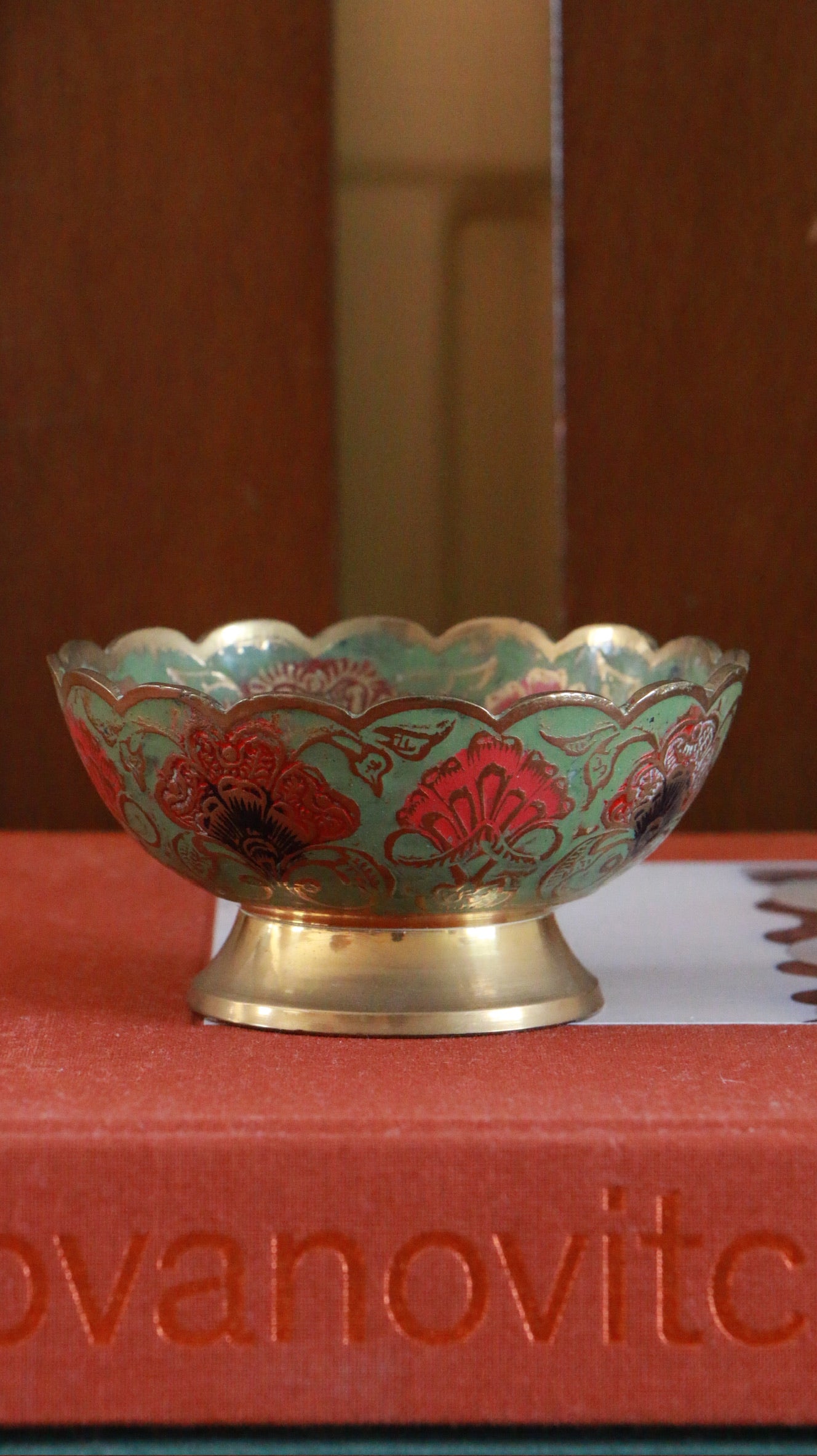Vintage Brass Enamel Scalloped Bowl with Floral Motif