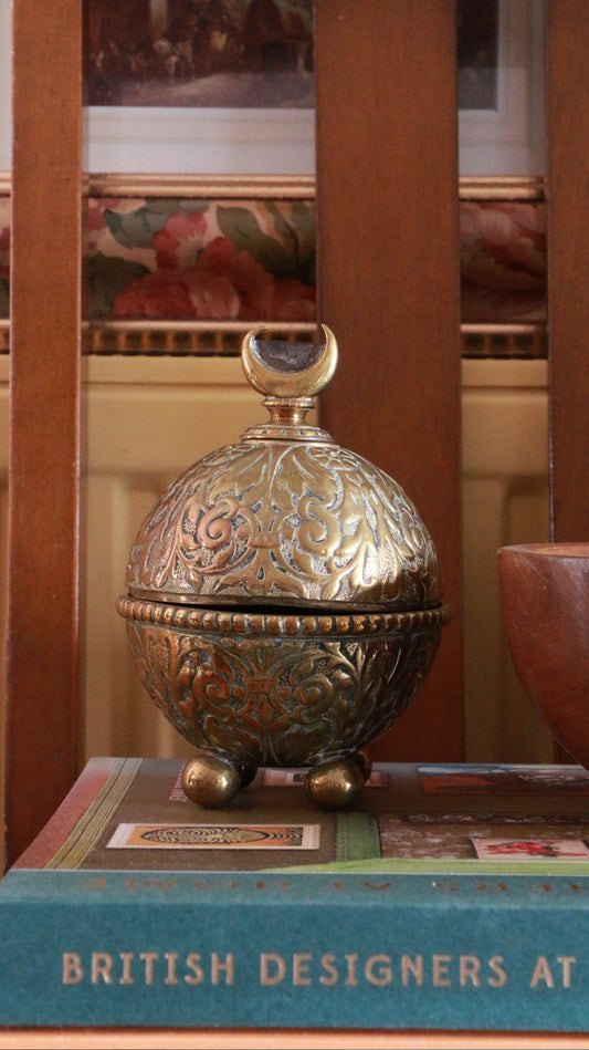Vintage Brass Lidded Trinket Box with Crescent Moon Finial