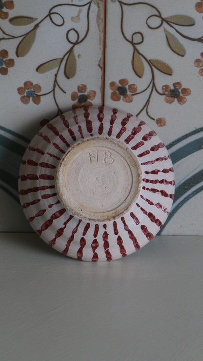 Handmade NB Signed Pottery Bowl with Red and Blue Design
