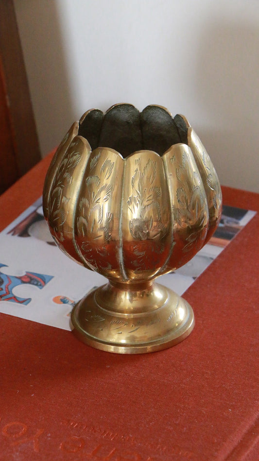 Vintage Brass Lotus Shaped Etched Vase
