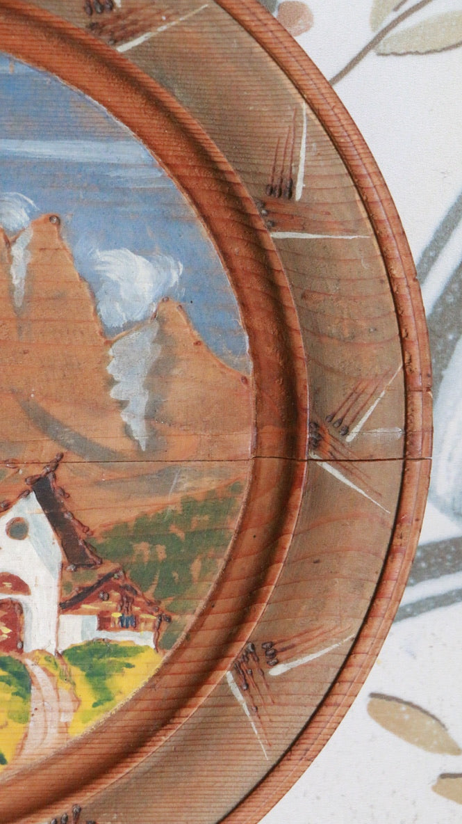 Vintage Hand-Painted Vintage Wooden Wall Plate – Alpine Scene
