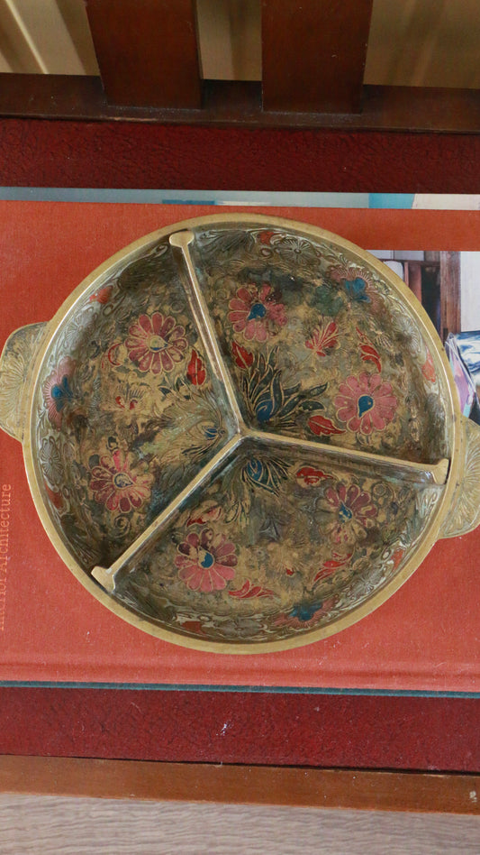 Hand Painted Brass Divided Dish Floral Design