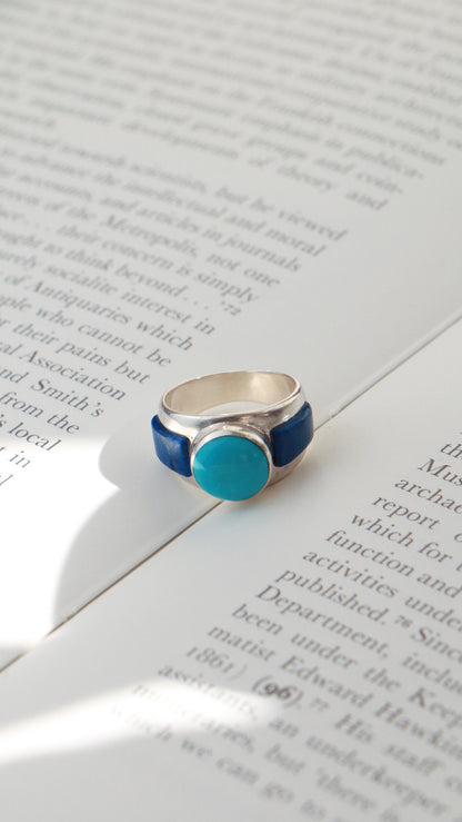 Navajo Sterling Silver Ring with Turquoise & Lapis – Signed Silver Cloud