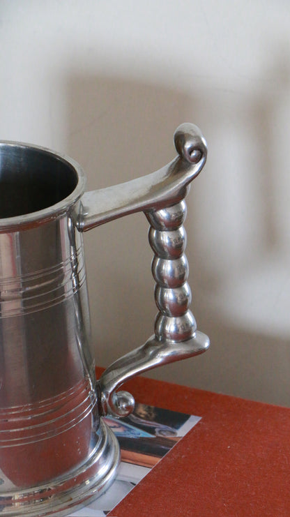 Vintage Pewter Tankard with Bobbin Handle and Swirl Finial