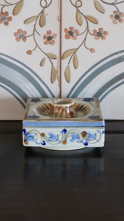 El Palomar Ken Edwards Mexican Pottery Blue Floral Swirls Square Candleholder