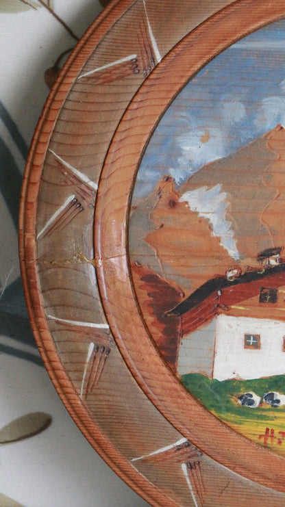 Vintage Hand-Painted Vintage Wooden Wall Plate – Alpine Scene
