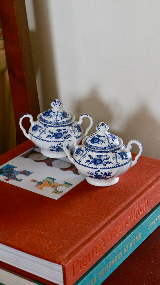 2x 1940s Indies Blue by Johnson Brothers Sugar Bowls with Lids