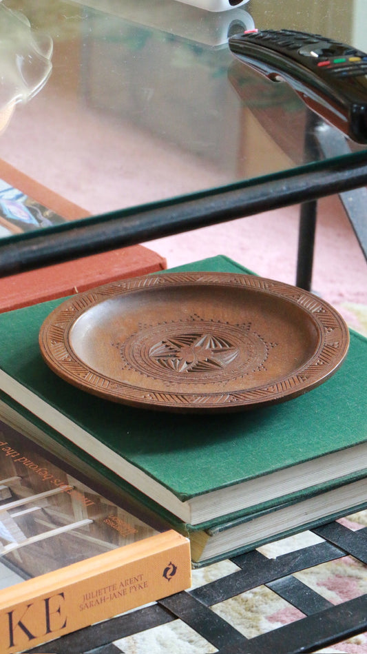 Vintage Hand-Carved Wooden Plate with Compass Motif