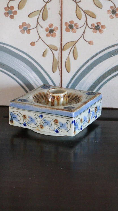 El Palomar Ken Edwards Mexican Pottery Blue Floral Swirls Square Candleholder