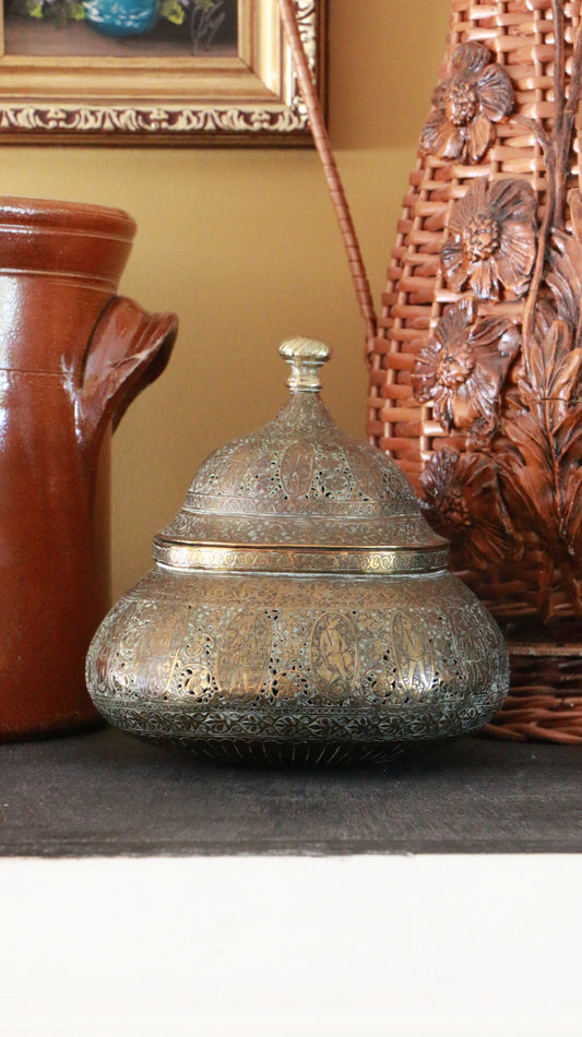Antique Moroccan Brass Lidded Dish/Incense Burner