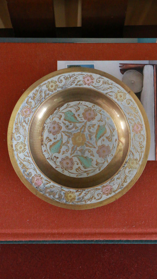 Vintage Indian Hand-Painted Brass Hanging Plate with Floral Motif