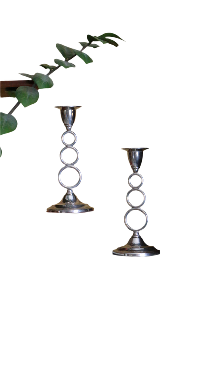 Pair of Mid Century IANTHE Signed Silver Candle Holders with Hoop Design