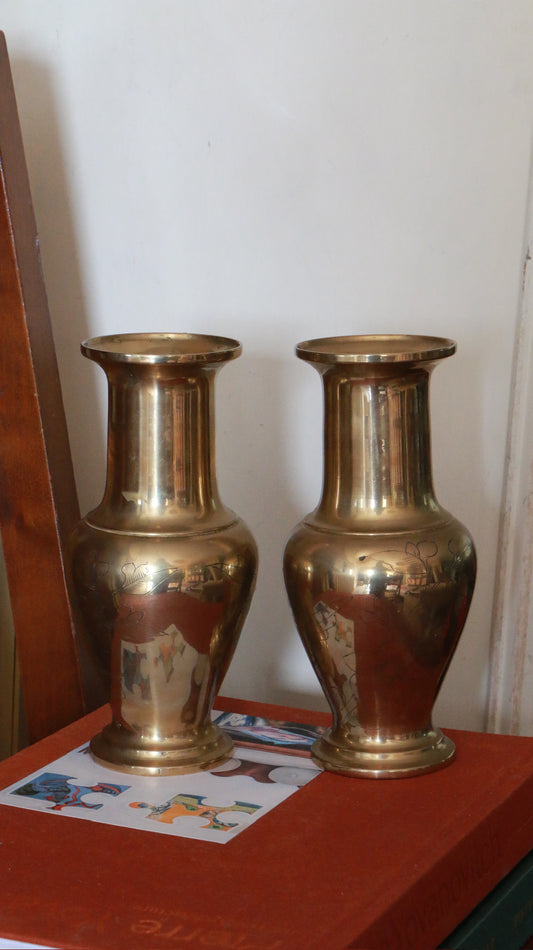 Pair of Vintage Brass Vases with Floral Etching