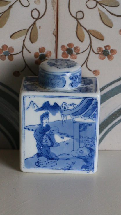 Vintage Chinoiserie Blue and White Ceramic Tea Caddy
