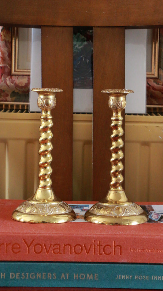 Pair of Vintage Brass Barley Twist Candlesticks – Ornate Embossed Base
