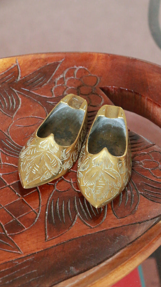 Pair of Vintage Brass Miniature Shoes with Engraved Design