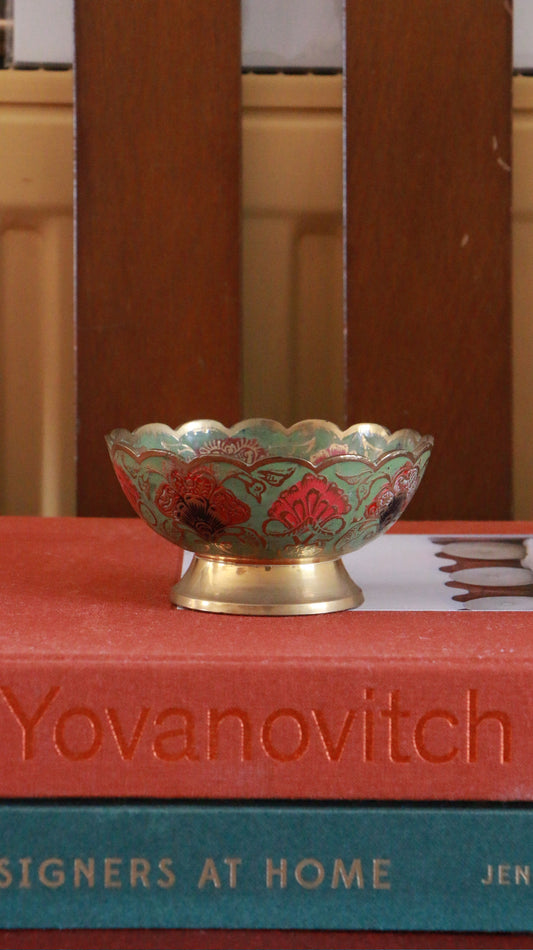 Vintage Brass Enamel Scalloped Bowl with Floral Motif