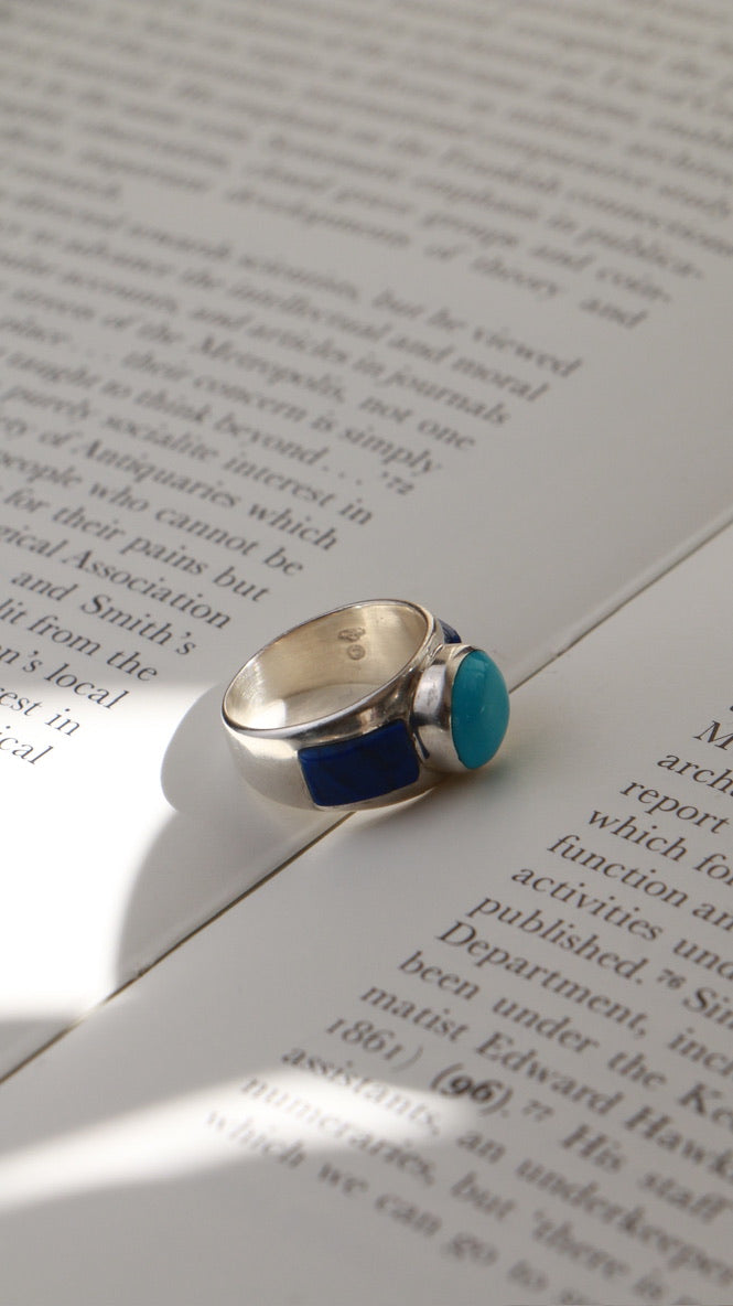 Navajo Sterling Silver Ring with Turquoise & Lapis – Signed Silver Cloud