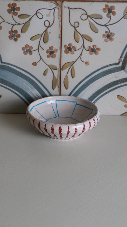 Handmade NB Signed Pottery Bowl with Red and Blue Design