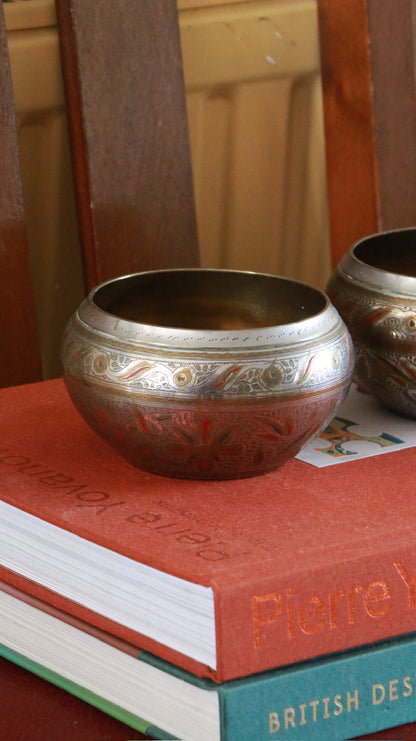 2x Vintage Hand‑Engraved Indian Brass Bowl