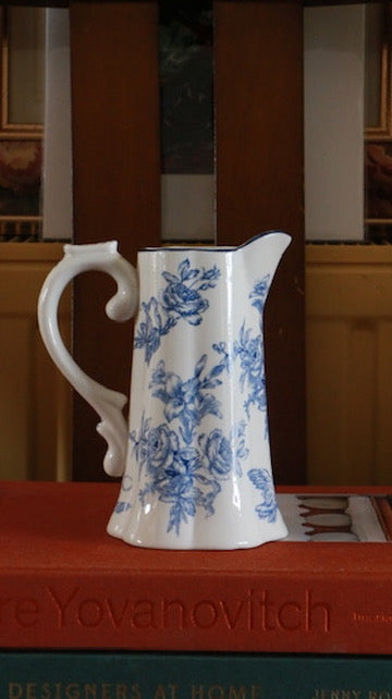 Vintage Blue and White Floral Transferware Jug with Floral & Bird Motif