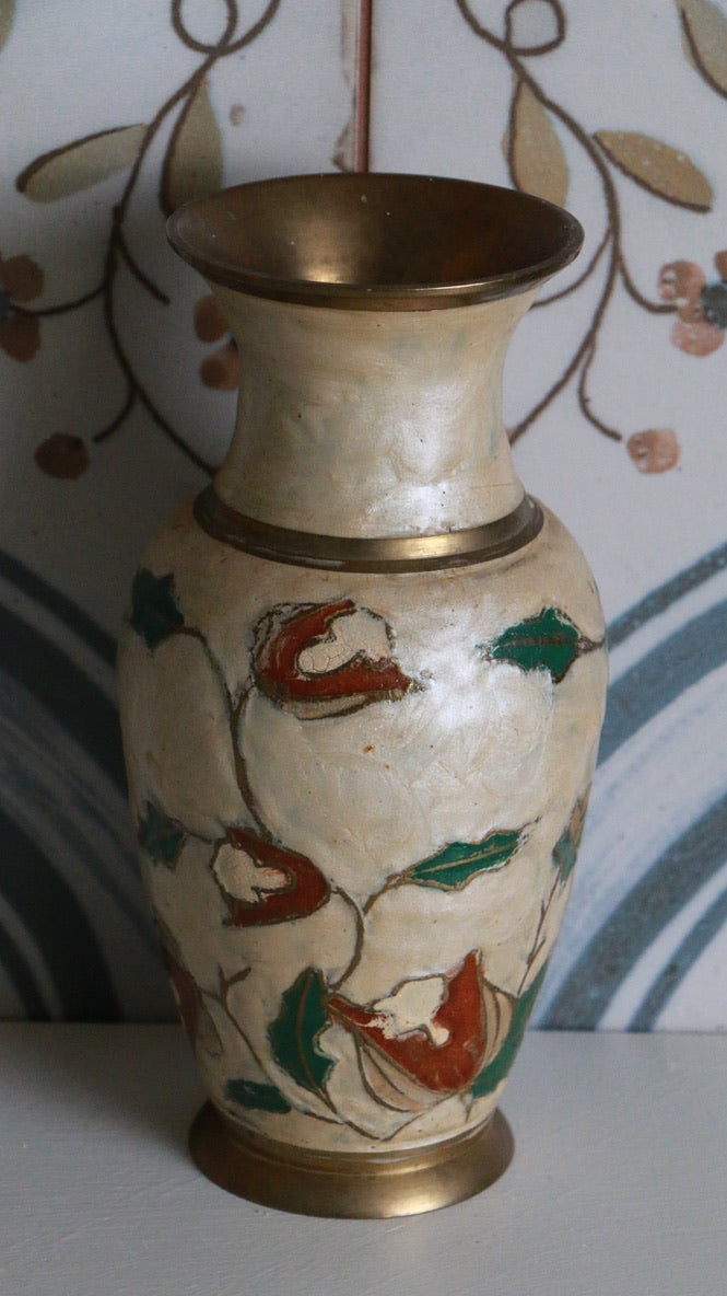 Vintage Brass Vase with Enamel Floral Design