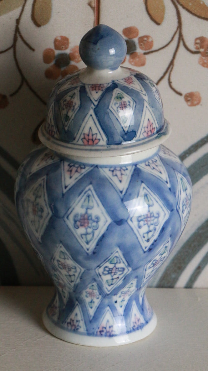 Vintage Blue and White Pastel Floral Lidded Jar