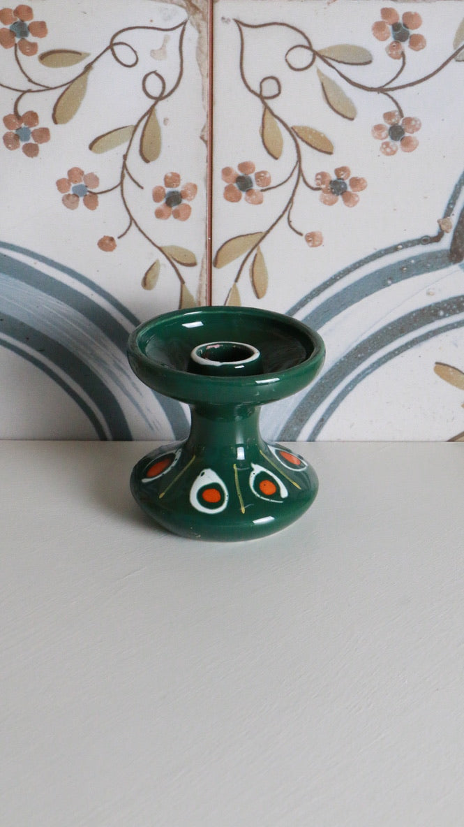 Vintage Italian Green Ceramic Candlestick - Hand Painted 1970s