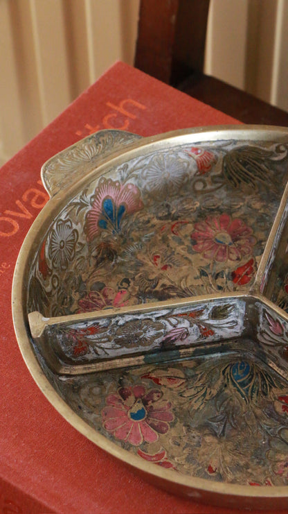 Hand Painted Brass Divided Dish Floral Design