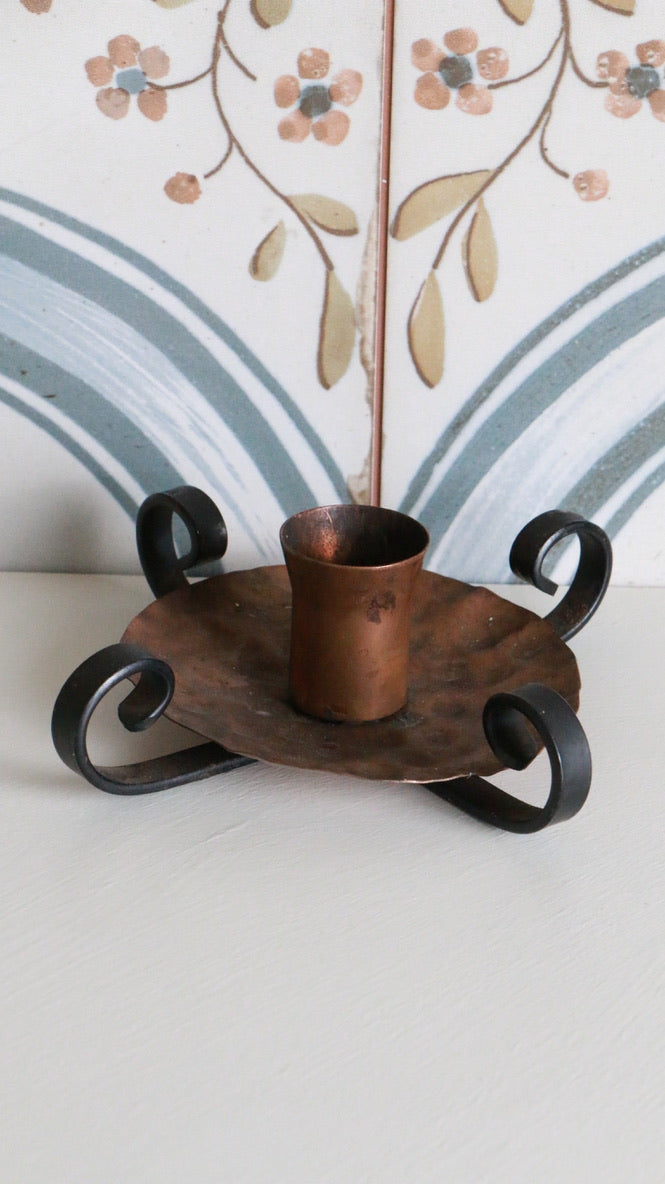 Vintage Hand-Forged Copper and Iron Candle Holder
