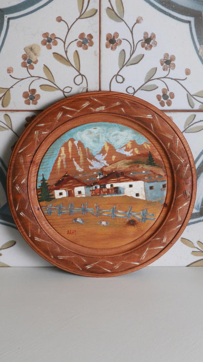Vintage Hand-Painted Tyrolean Wooden Plate – Rustic Mountain Scene