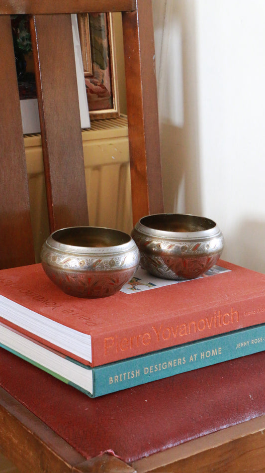 2x Vintage Hand‑Engraved Indian Brass Bowl