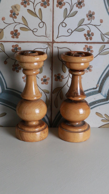 Pair of Vintage Hand-Turned Wooden Candlesticks