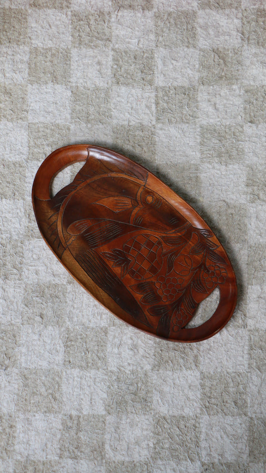 Vintage Hand-Carved Wooden Tray with Fruit & Fish Motif