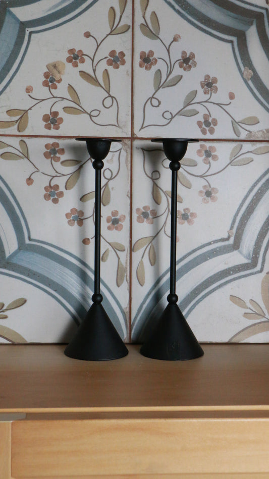 Pair of Vintage Memphis-style Black Metal Taper Candle Holders