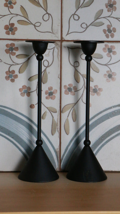 Pair of Vintage Memphis-style Black Metal Taper Candle Holders